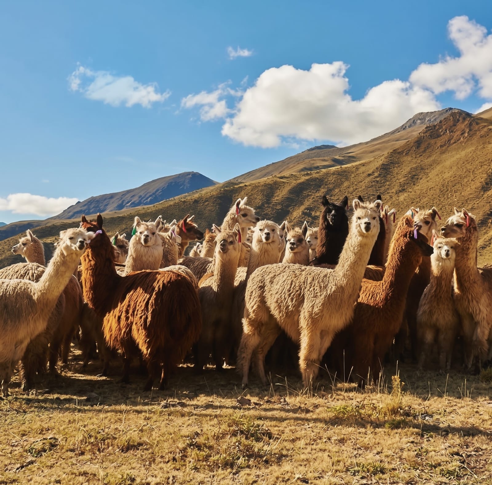 Manada de alpacas en el altiplano bajo un cielo azul