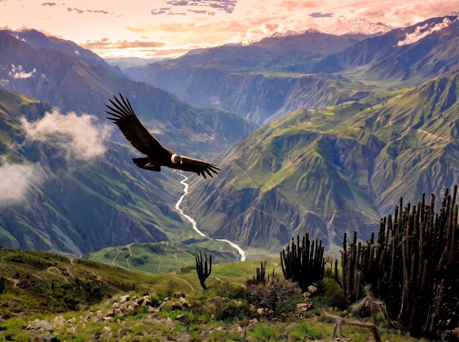 Cóndor volando sobre el cañón del Colca, con el río al fondo y cactus en primer plano